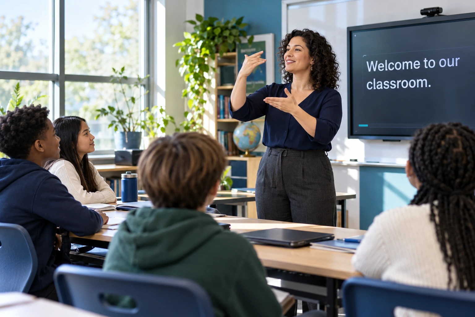 A teacher signing to students beside a classroom caption display.