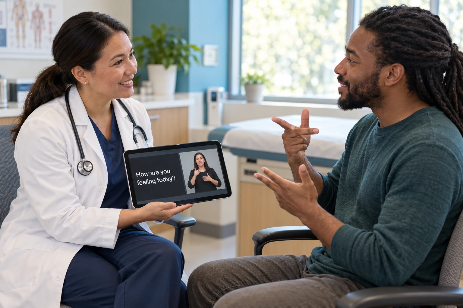 A doctor and patient communicating beside a tablet with captions and a sign-language display.